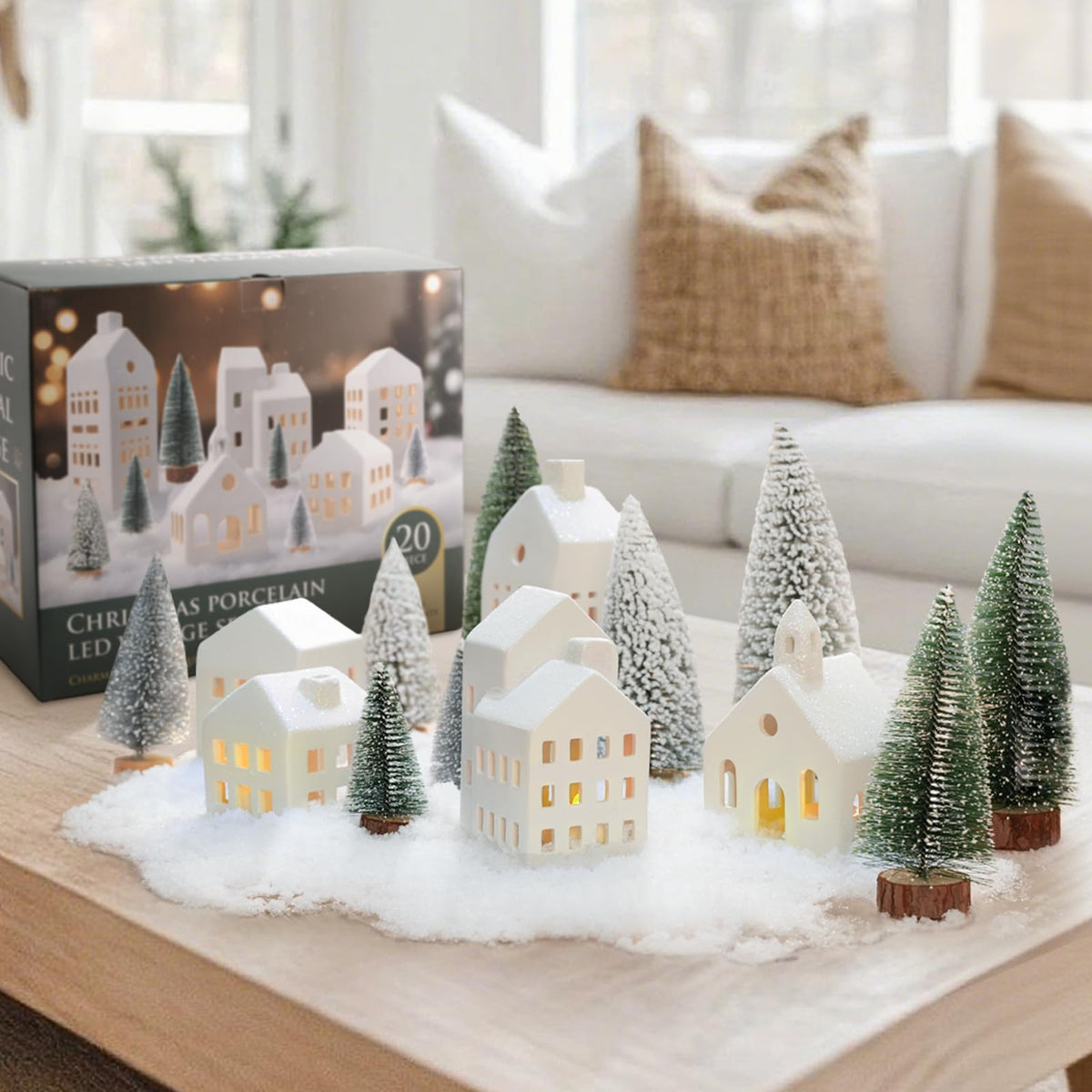 Zesua Christmas Decorations Indoor - Christmas Village Sets of 5 Ceramic Houses with LED Lights Remote and 9 Trees - Winter Rustic Farmhouse Home Holiday Xmas Decor for Mantel Tabletop Room