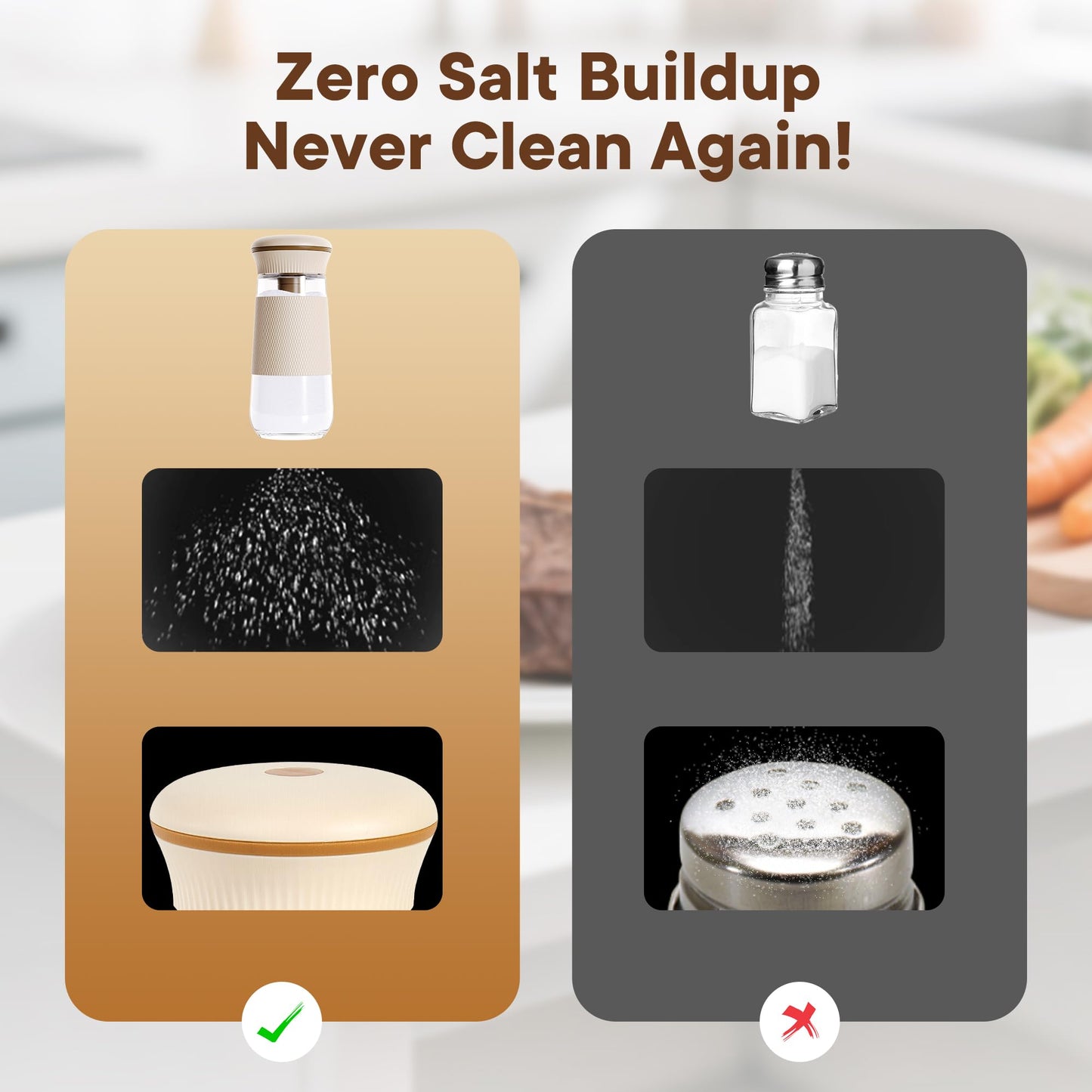 Salt Shakers for Kitchen with Measuring Spoon, BPA-Free Glass 2-in-1 Spice Jars Shake Less Salt & 1g Scoop, Fine Salt Container for Low Sodium and Salt People, Easy Filling（2PCS）