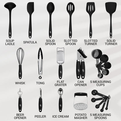 Kaluns Silicone Kitchen Utensils Set 24 Pcs Silicone Cooking Utensils Set - Can Opener, Masher, Turner, Spatula 446°F Heat Resistant Non-Stick - Premium Utensil Set