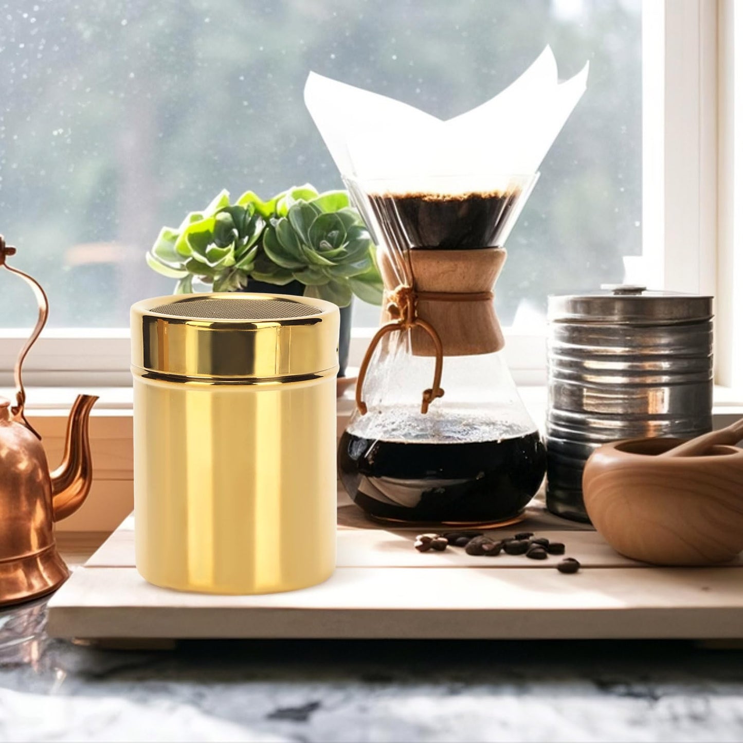 Stainless Steel Dredge Shaker, Powder Sugar Dispenser Fine Mesh Powder Sugar Shaker with Lid Gold Salt and Pepper Shakers for Kitchen Powdered Sugar Shaker