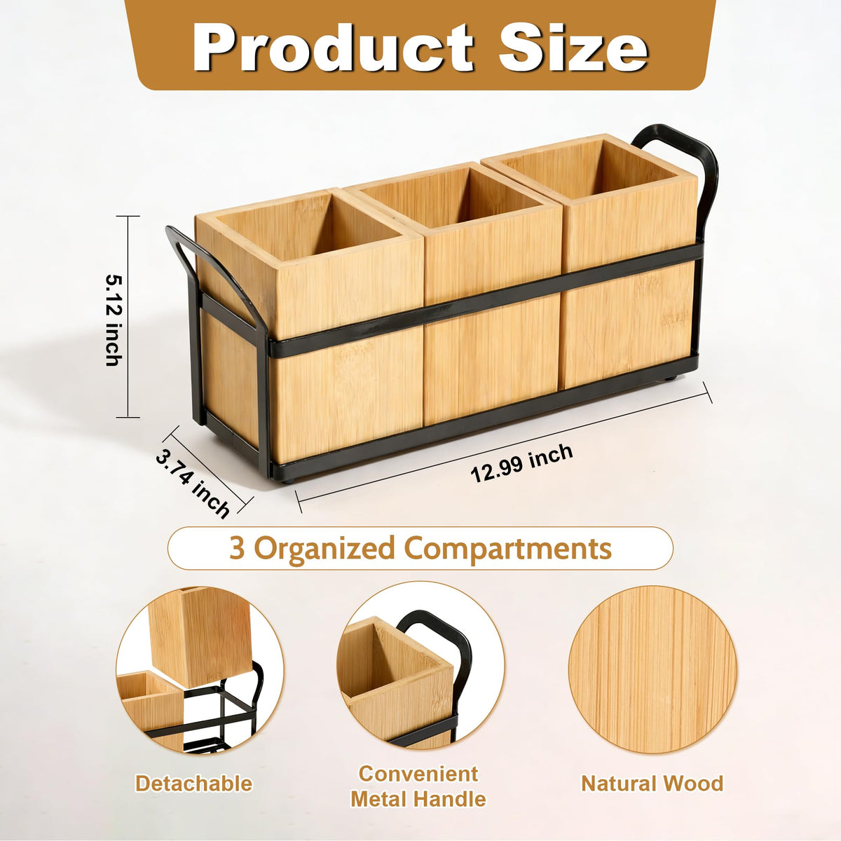 Utensil Holder for Kitchen Countertop, 3 Compartments Detachable Utensils Caddy, Wooden Utensils Organizer for Silverware, Spatula, Fork, Knife, Cutlery Storage, Counter Cooking Utensil Crock