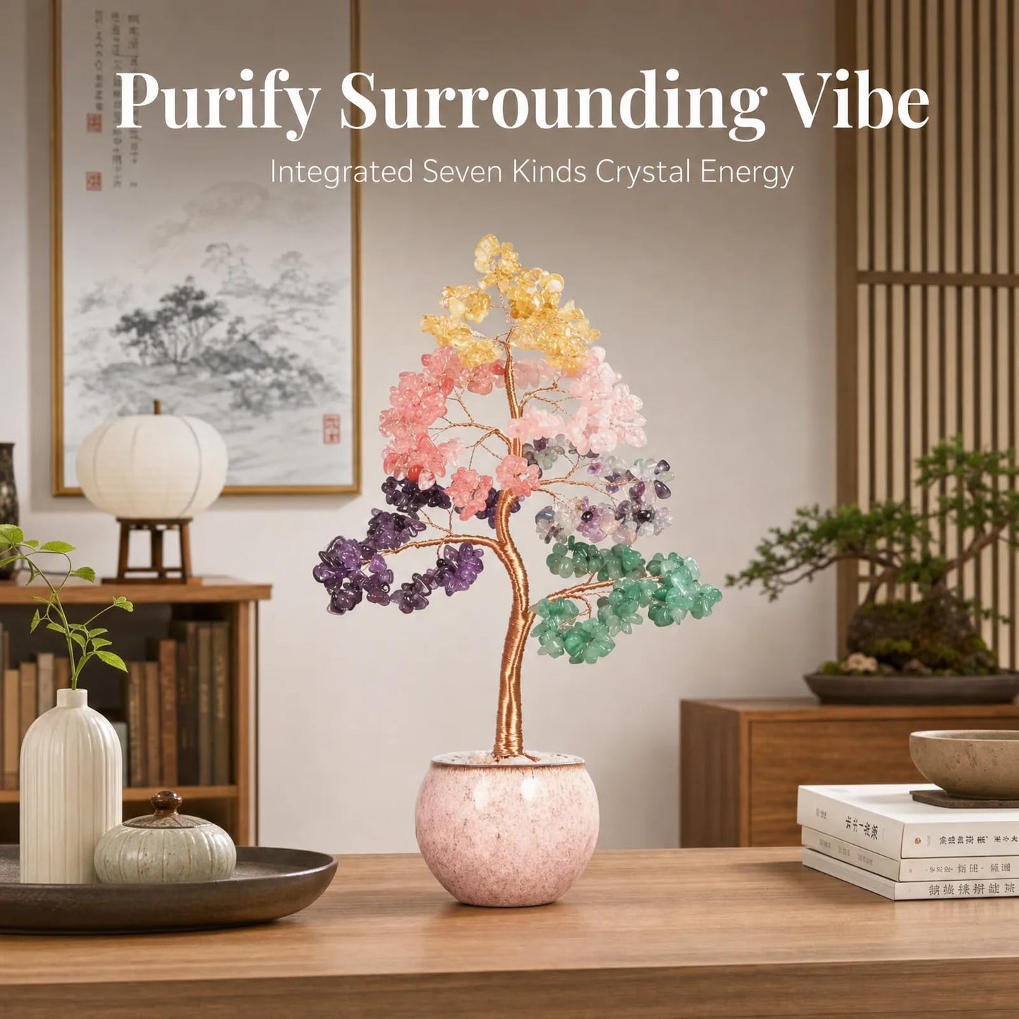 Fatonio 7 Chakra Crystal Tree of Life Handmade Feng Shui Tree with Oval Ceramic Base, Energy Healing Crystal Wealth Decor Women Mom Gifts for Home Office Housewarming Decoration
