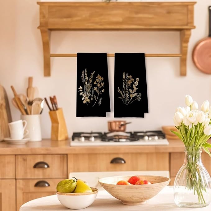 Boho Vintage Botanical Kitchen Towels Set of 2, Rustic Elegant Floral Dish Tea
