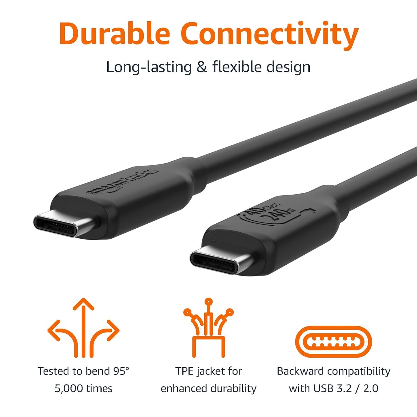 Amazon Basics USB-C to USB-C 4 Fast Charger Cable, 40 Gbps, 8K Video, 240W, USB-IF Cert, Thunderbolt 4/3 Compatible, for Apple iPhone 16/15, iPad, Samsung Galaxy, Tablets, Laptops, 3.3 foot, Black