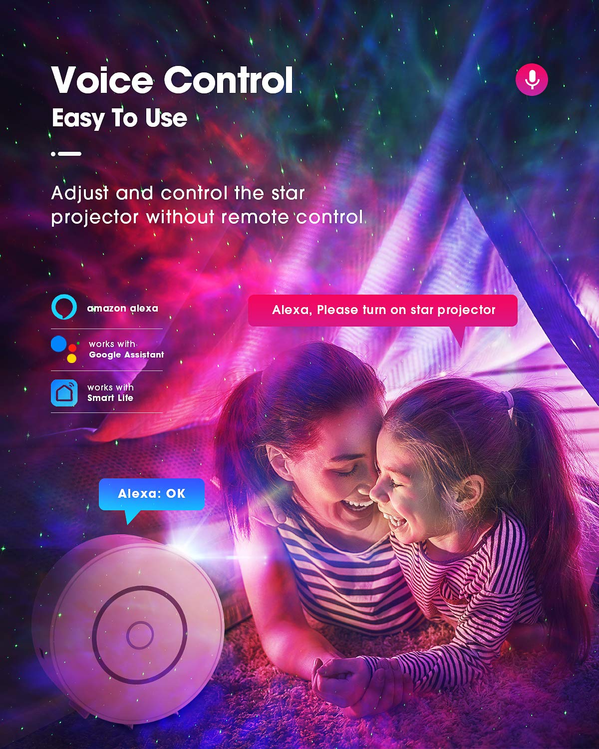 SUPPOU LED WiFi Galaxy Projector, Smart Night Light Kids Adults 3D Star Projector Light with RGB Adjustment/Voice Control/WiFi/Timer Compatible Alexa Google Assistant for Room Decor
