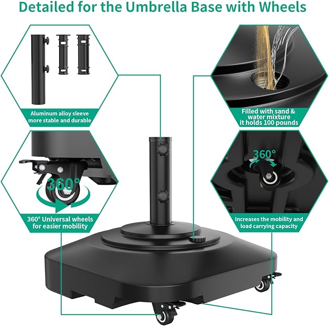 Umbrella Base with 5 Wheels, Upgraded 145lb Umbrella Stand Base, Heavy Duty & Windproof, Fillable Umbrella Base Mobile Umbrella Outdoor for Patio, Deck, Poolside, Lawn, Fits Most Sized Umbrellas