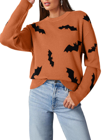 Dokotoo Womens Halloween Sweaters Crewneck Long Sleeve Bat Pattern Loose Fit Pullover Sweaters Cute Spooky Warm Cozy Autumn Winter Sweater Tops Casual Holiday Fall Clothes Orange XL