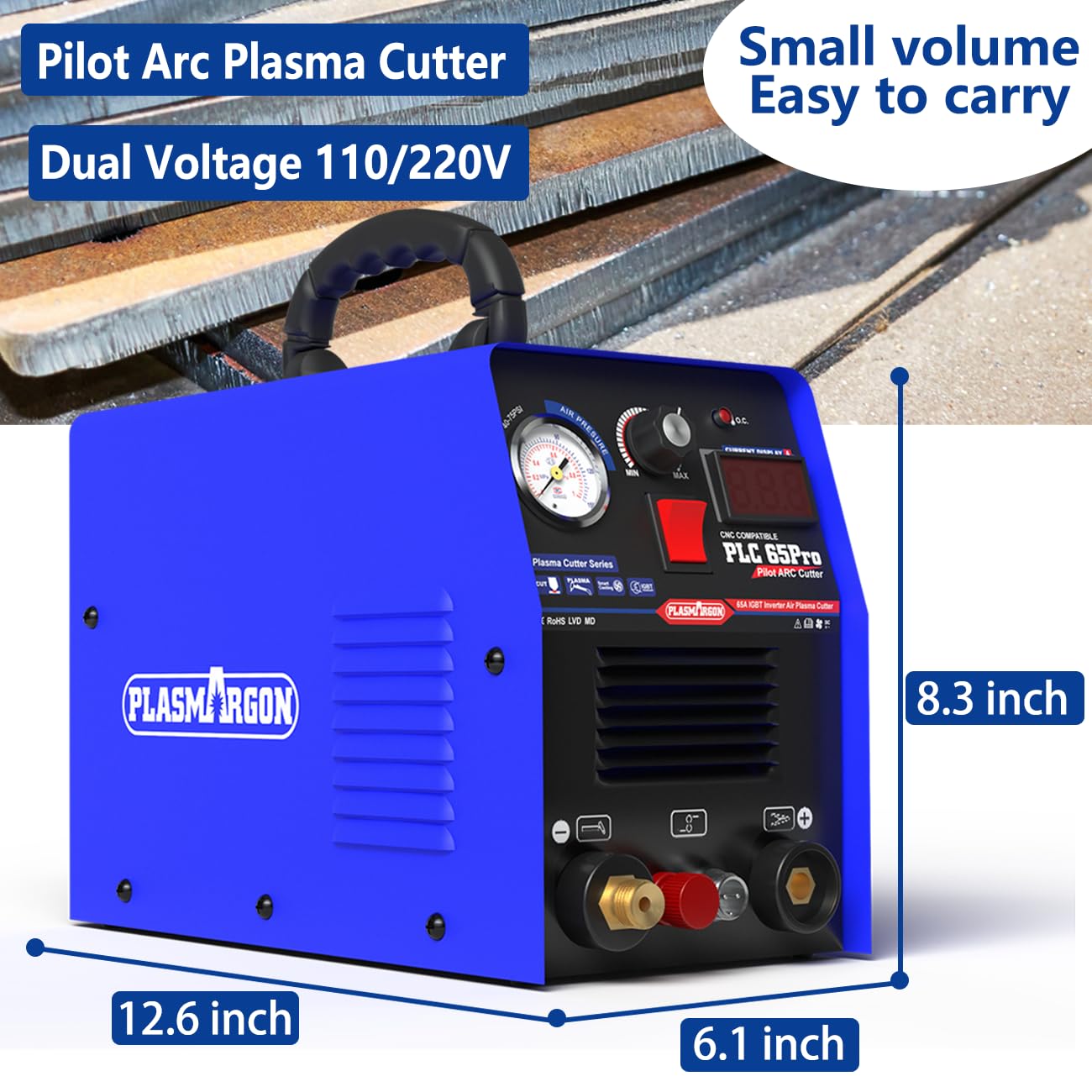PLASMARGON PLC65Pro Plasma Cutter Machine,65Amps 110V/220V Non-Touch Pilot Arc HF Air Power, Inverter IGBT 3/5'' Inch Clean Cut LED Digital Display Plasma Cutting Equipment