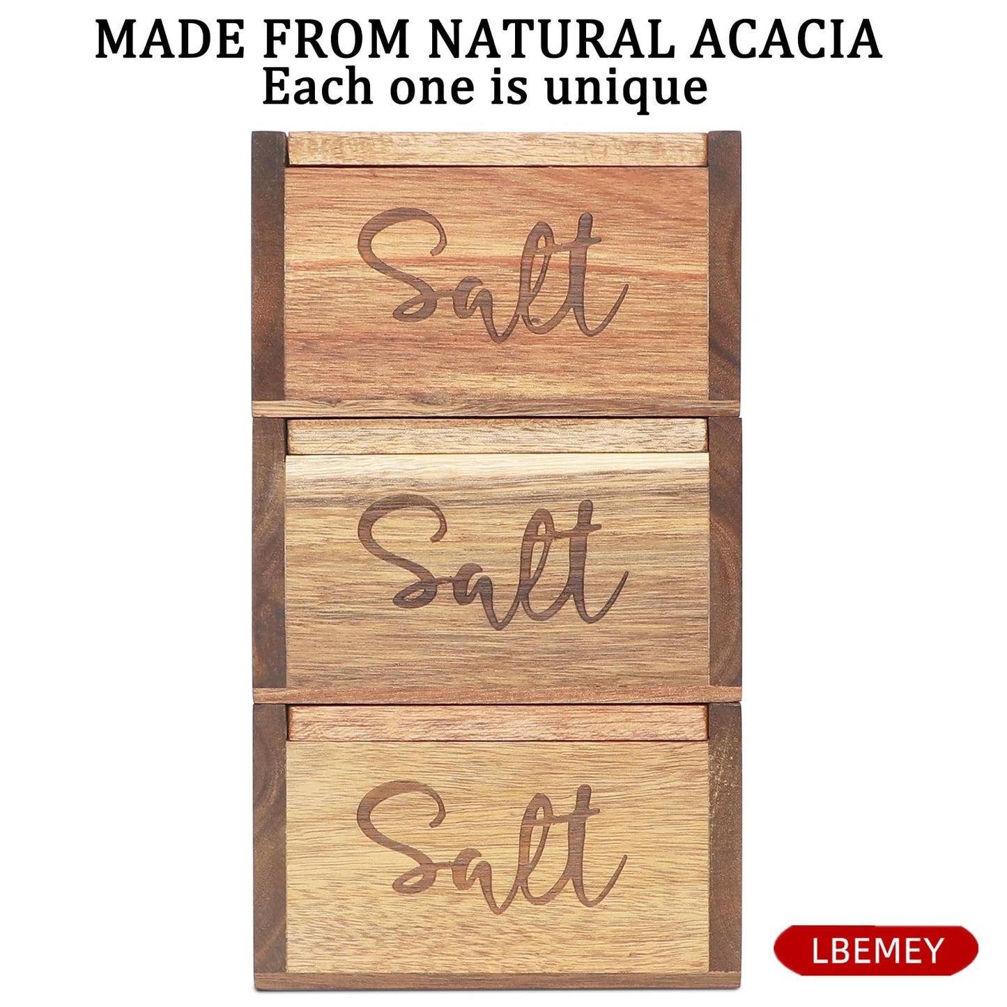 Acacia Wood Spice Box with Lid and Built-in Spoon for Kitchen Countertop, Rectangle Farmhouse Kitchen Decoror for Storing Salt, Peppers, Sugar or Seasonings, Brown (Labeled - “Salt”)