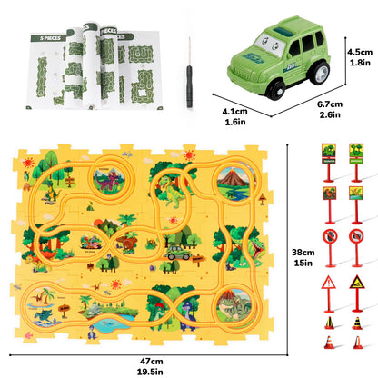 Plastic Dinosaur Puzzles for Kids with A Cute Car, Montessori Toys for 3 4 5 6 Year Old Boys, Race Tracks for Kids 3-5, Toddler Puzzle Track Play Set, Gifts for 3 4 5 6 Year Old Boys Toys
