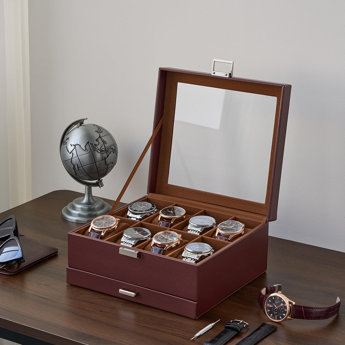 ProCase Watch Case, 8 Slot Mens Watch Box Holder Organizer with Glass Lid, 2-Layer Watches Display Case, Mens Jewelry Box with Drawer, Birthday Valentine Gifts for Men Women -8 Slot, Espresso