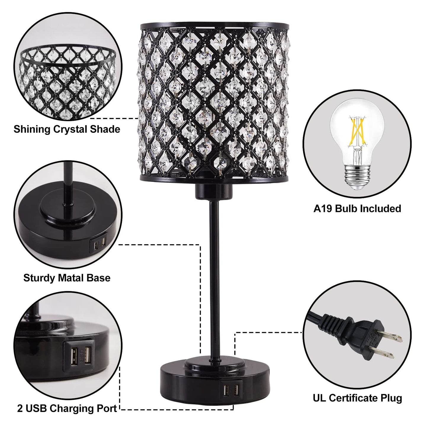 Crystal Touch Control Table Lamp with 2 USB Charging Ports, 3-Way Dimmable Black Crystal Table Bedside Lamp Nightstand Desk Light for Bedroom, Girls Guest Room, Living Room, Bulbs Included