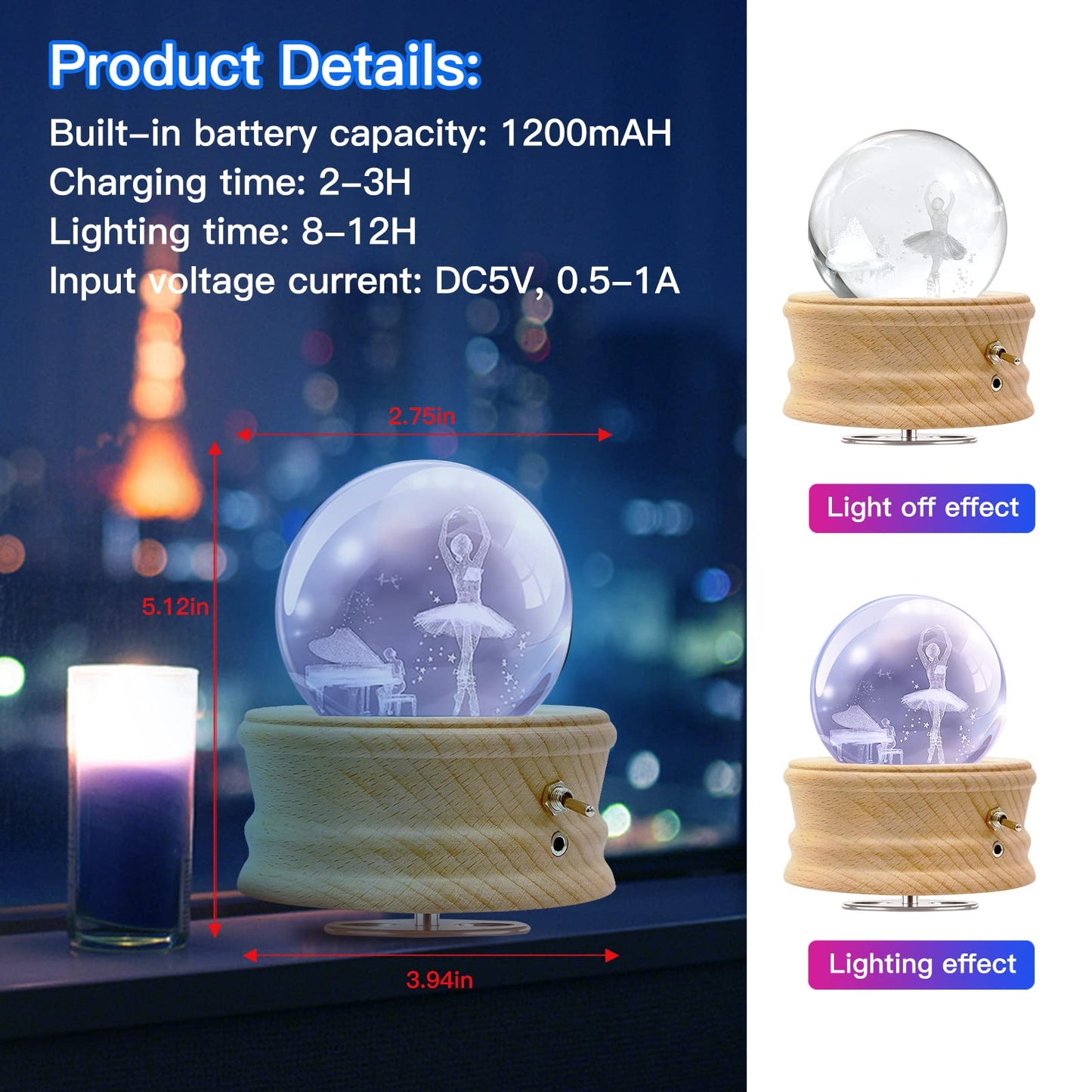 Music Box, 3D Crystal Ball Music Box with RGB Light Projection, 360 Rotating Wooden Base Night Light, Best Gift for Valentine's Day Birthday Girls Boys Women Mom, Room Decor