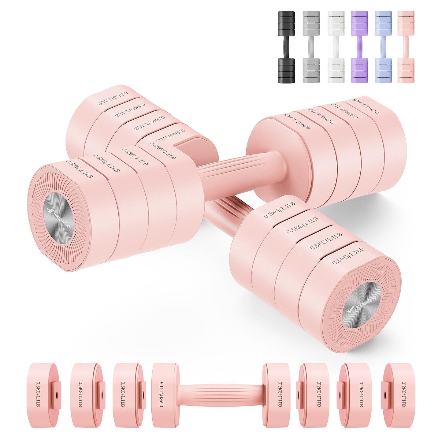 MERACH Dumbbell Set of 2, Adjustable Weight, Anti-slip Handle, Macaron Colors, Each 2.2/4.4/6.6/8.8 lbs, 4 in 1 Hand Weights for Women at Home