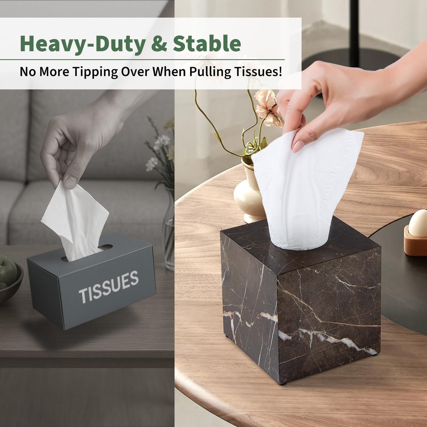 Real Natural Marble Tissue Box Cover, 5.5 Inch Square Marble Tissue Box Holder with Open Bottom, Heavy Stone Decorative Organizer for Bathroom Vanity, Kitchen Countertop, Luxury Home Décor