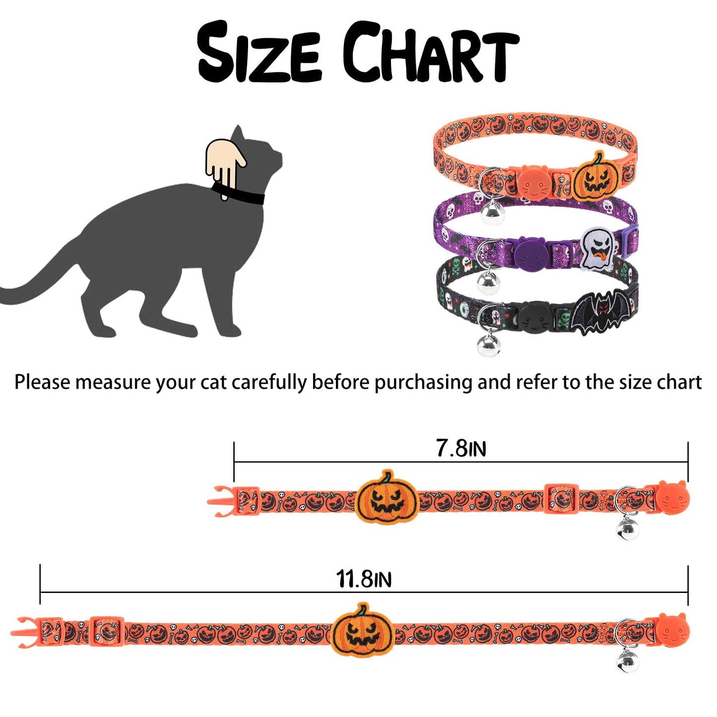 PUPTECK Halloween Cat Collar Breakaway with Bells - 3 Pack Kitten Collar Outfit Adjustable for Girl Boy Small Pet Puppy Bunny Costume with Safety Buckle, Orange Purple Black