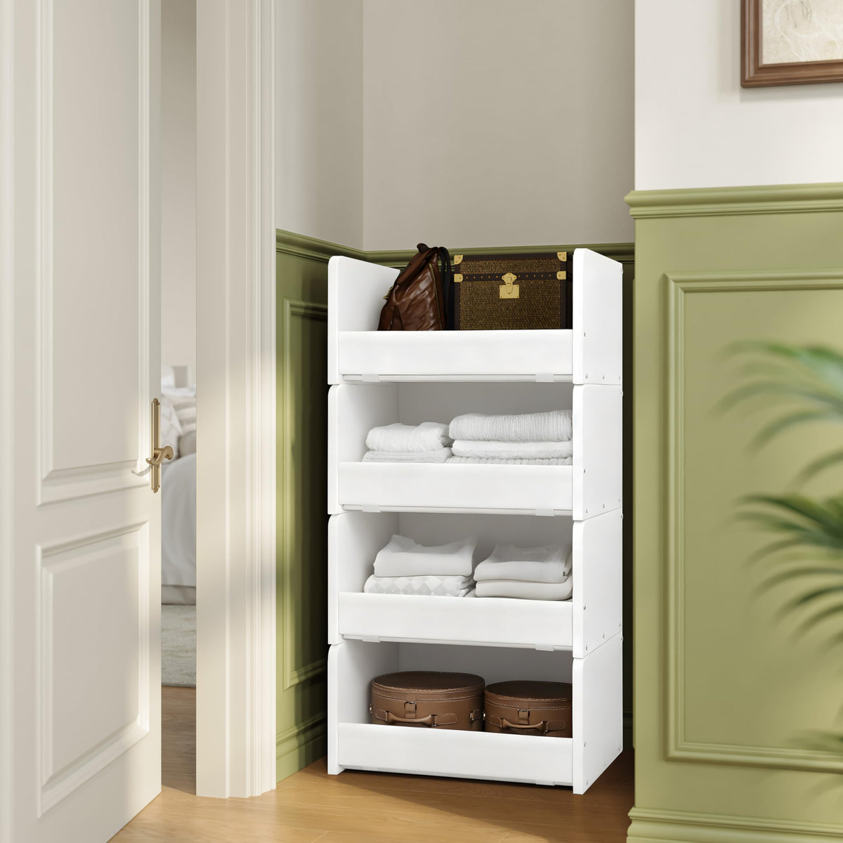 FOUCSSOMEI Closet Organizers and Storage, Stackable Closet Organizer, Wooden Frame with Polyester Fabric Shelves, Large Capacity Closet Shelf Organizer for Folded Clothes, White,Patent Design