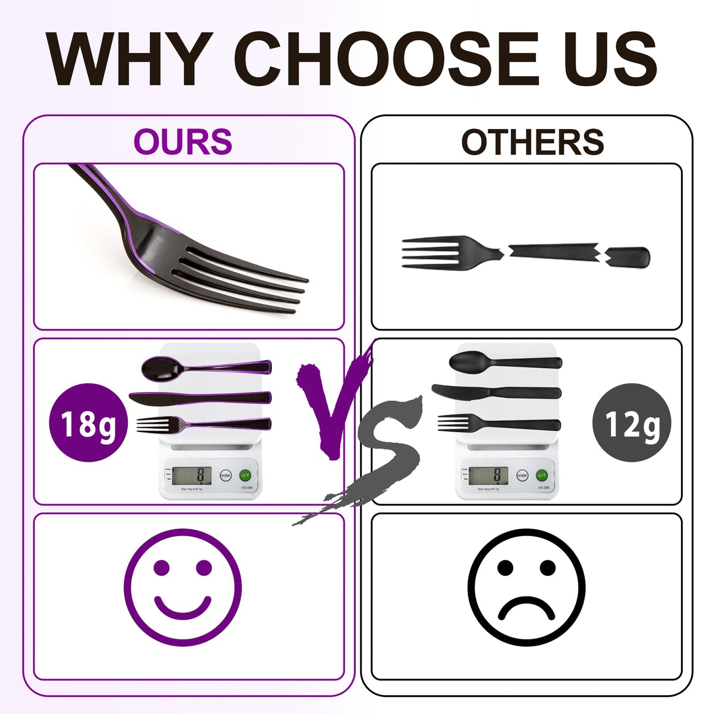 WDF 180 Pieces Black and Purple Halloween Plastic Silverware - Black Flatware Set Include 60 Forks, 60 Knives and 60 Spoons Heavy Duty Plastic Cutlery Purple Utensils for Halloween Party/Birthday