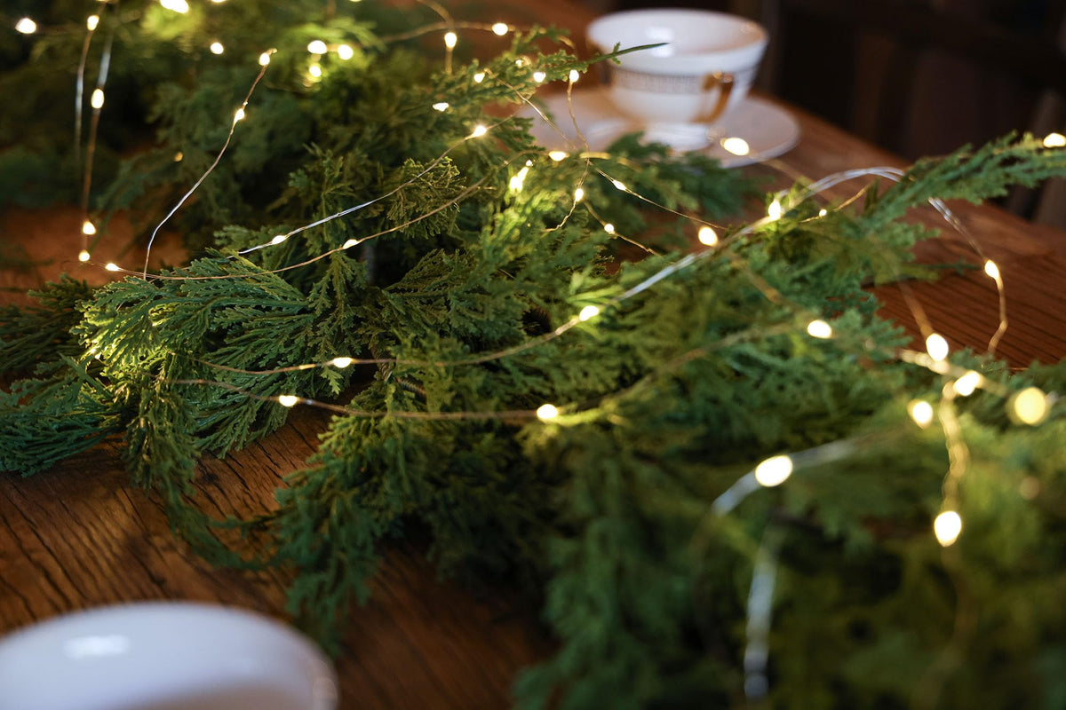 MISSPIN 9ft Christmas Garland with String Lights, Real Touch Cedar Pine Garland, Green Artificial Greenery Garland for Table, Mantle, Wall, Indoor, Outdoor Christmas Decorations