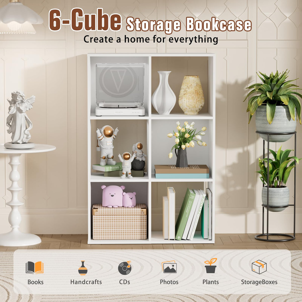 Nestwise 6 Cube Storage Organizer, Open Bookshelf Storage Cubes Shelf with Back Panel, Wooden Display Shelf Bookcase Standing Shelves for Living Room, Bedroom, Home Office (White, 6-Cube)
