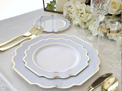 " OCCASIONS " 50 Plates Pack (25 Guests)-Heavyweight Wedding Party Disposable Plastic Plate Set -(25x10.5'' Dinner + 25x8'' Salad/dessert (Imperial in White/Blue & Gold)