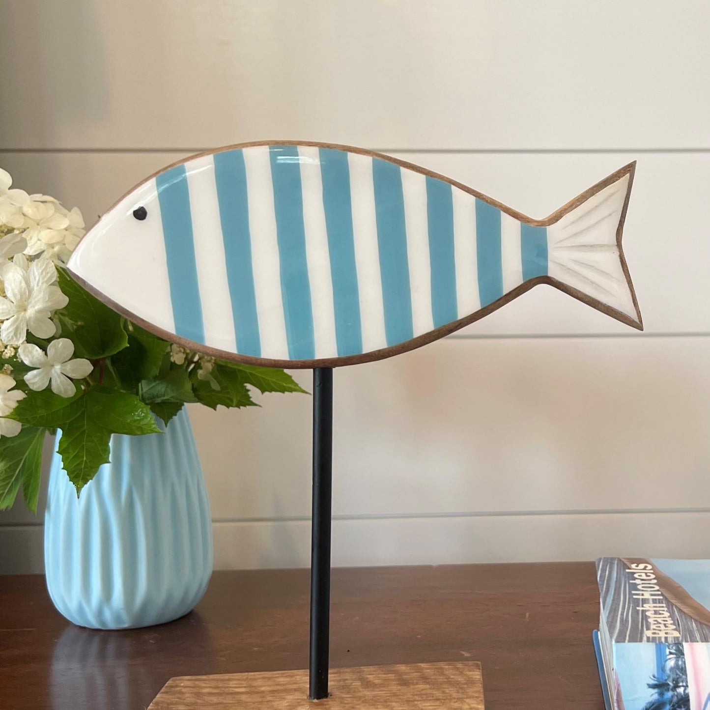 WHW Whole House Worlds Beach Chic Striped Fish Figurines, Set of 2, Glossy Blue and White, Wood, Post Mounted, Rectangle Gallery Base, 8.25 Inches