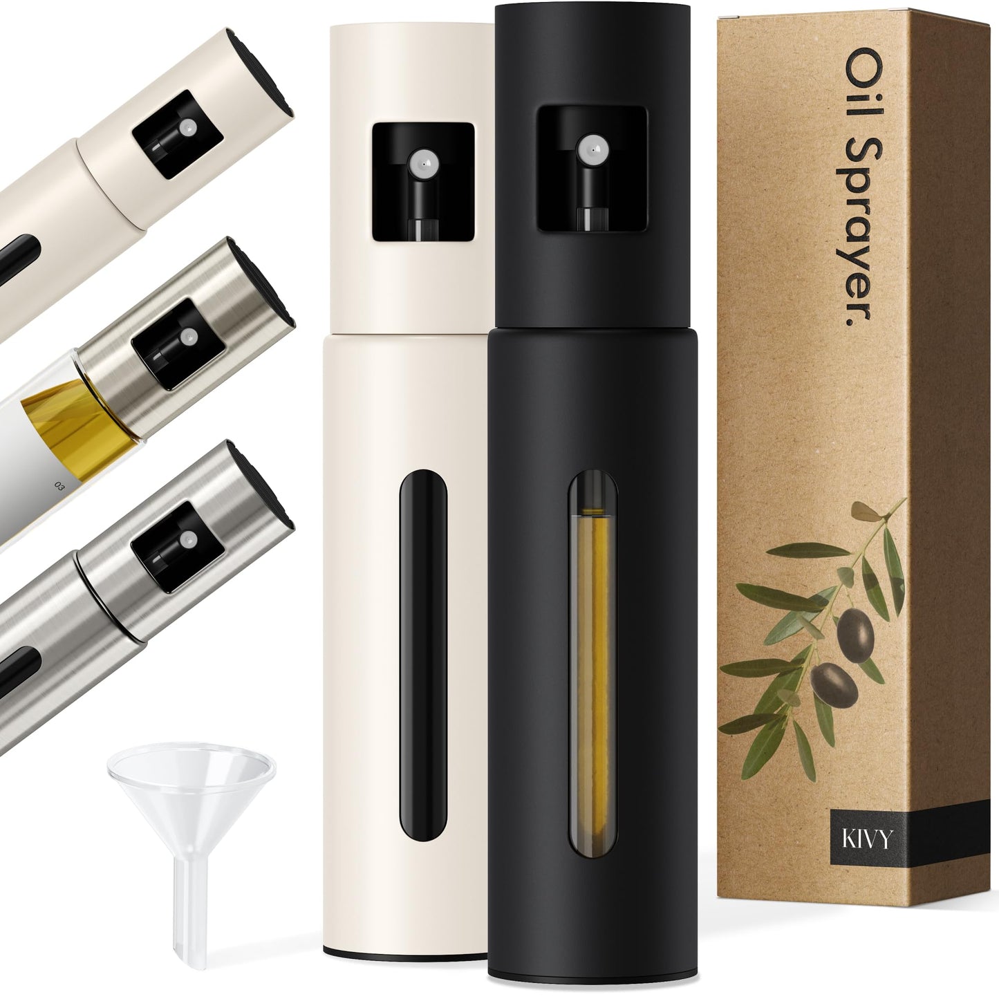 KIVY Glass Oil Sprayer Set of 2 for Cooking, Salads, BBQs & Airfryer – Innovative Spray with Portion Control - Oil Spray Bottle with Stainless Steel Body - Olive Oil Sprayer - Cooking Oil Mister