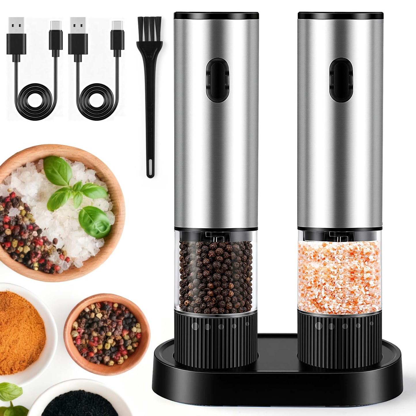 JXAVO 2 Pack Electric Salt and Pepper Grinder Set, Salt and Pepper Shakers with LED Light, USB C Dual Charging Base, Adjustable Coarseness, One-Hand Operation, Large Capacity for Kitchen, Dining & BBQ