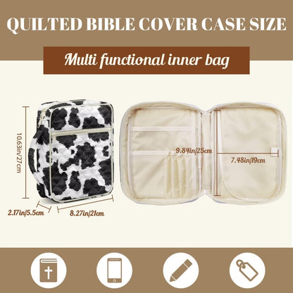 NETILGEN Black and White Cow Print Quilted Bible Carrying Case for Women Bible Cover with Handle Scripture Study Supplies Accessories Christian Gifts