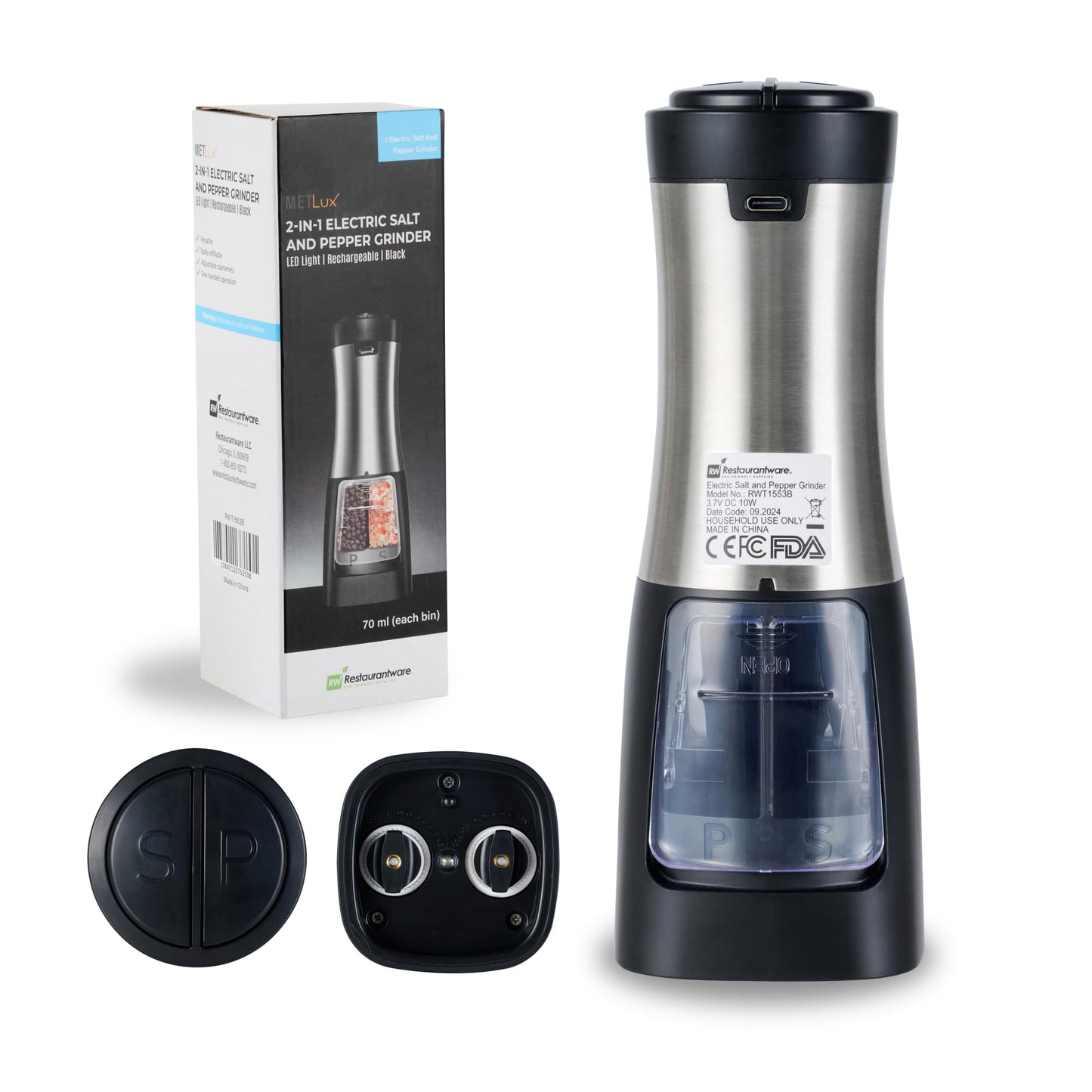Restaurantware Electric Salt And Pepper Grinder Set 1 Case 2.8 x 2.8 x 7.9 Inch Stainless Steel Cordless Spice Mill With Adjustable Coarseness And LED Light Black Finish