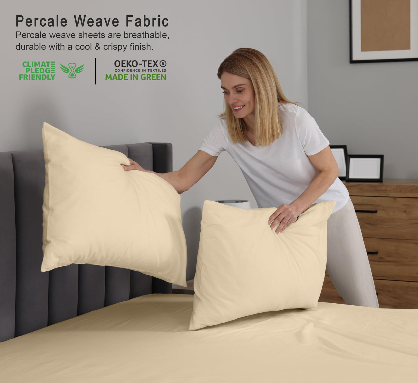 RUVANTI 100% Cotton Percale Sheets Queen Size – Crisp Cooling Bed Sheets for Hot Sleepers, Deep Pocket 16”, Soft Breathable & Durable Hotel-Style 4 Piece Set, Beige