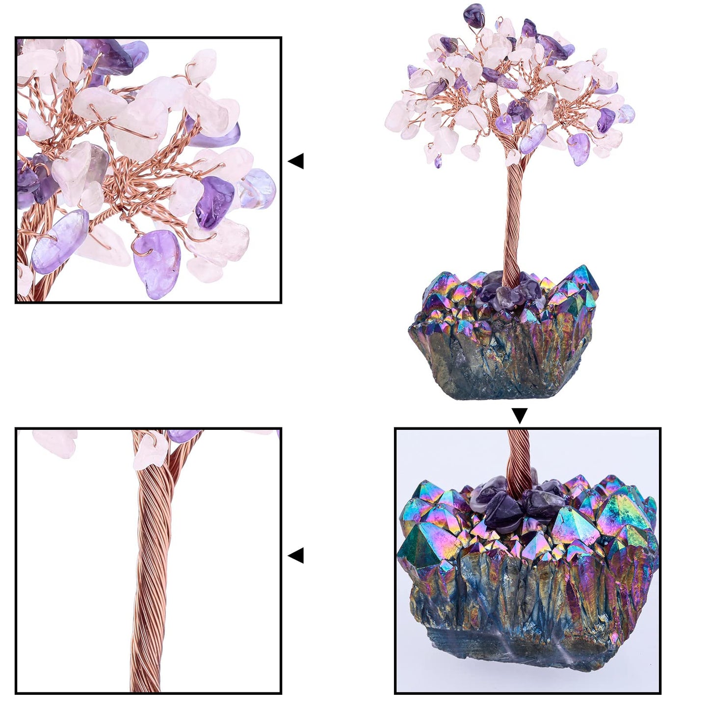 Rockcloud Crystal Money Tree Feng Shui Bonsai with Titanium Coated Crystal Quartz Base Decoration for Wealth and Luck, Amethyst & Rose Quartz