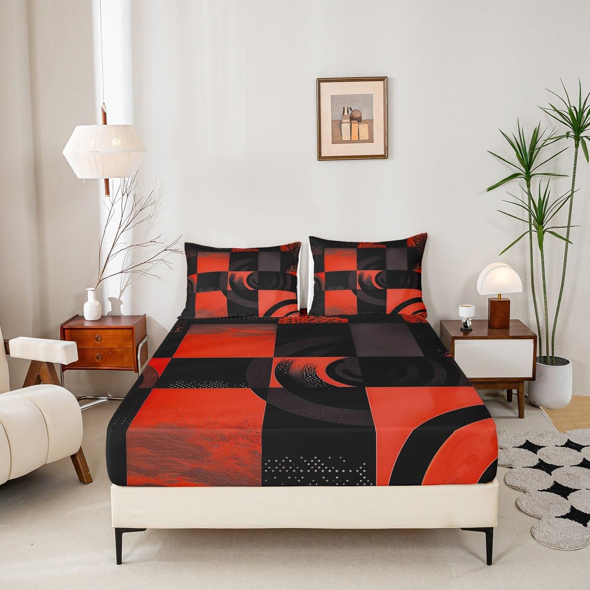 jejeloiu Black and Red Fitted Sheet with 1 Pillowcase Twin Size Abstract Bed Sheets Set 16" Deep Pocket Boys Girls Bedding Plaid Teens Bedroom Decor Breathable Soft Lightweight Microfiber