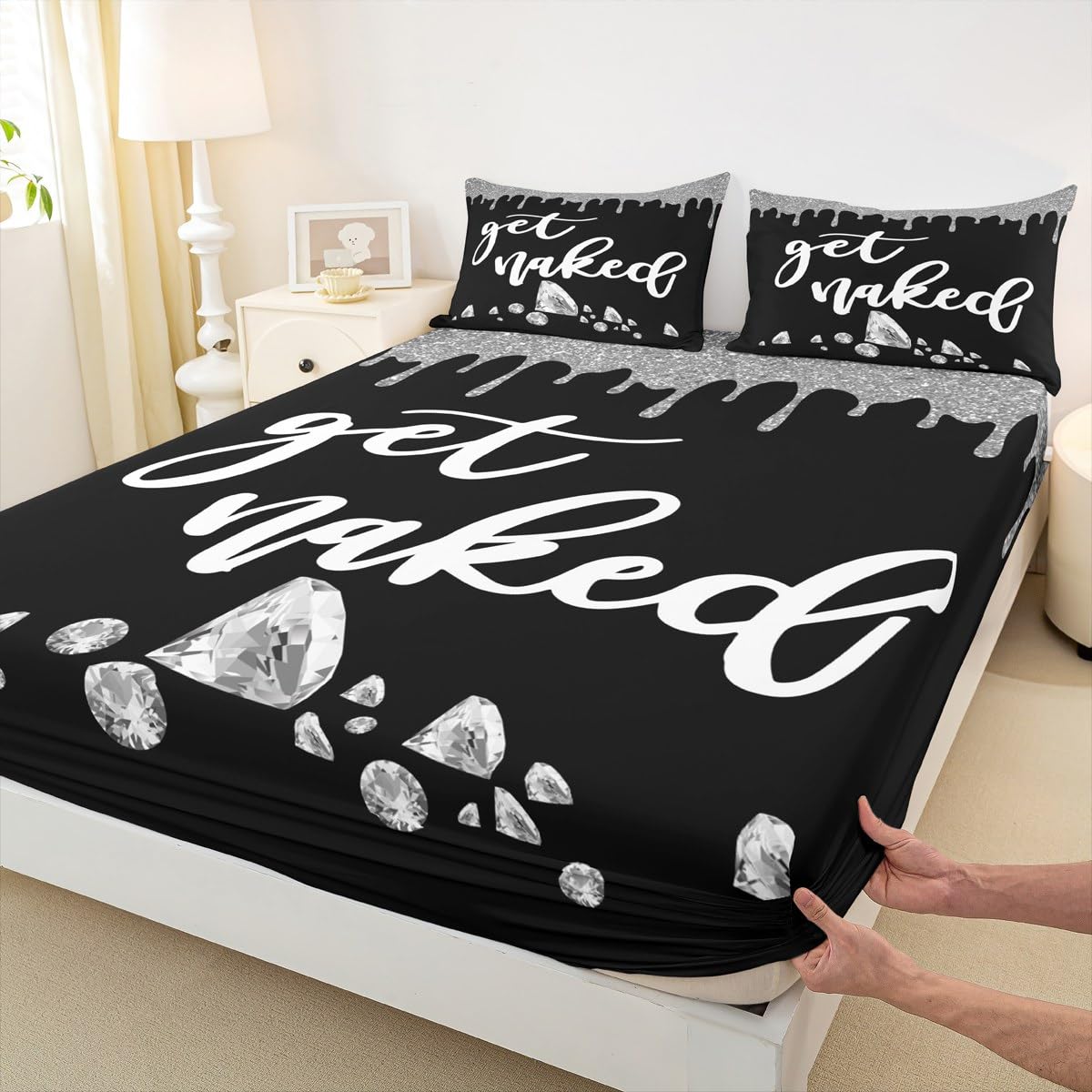 Get Naked Bed Sheet Set Full Size Silver Grey Black Glitter Bedding Set for Kids Boys Girls Teens Bedroom Decor Luxury Shining Diamond Fitted Sheet Women Men Funny Quotes Modern Bedding Sheets