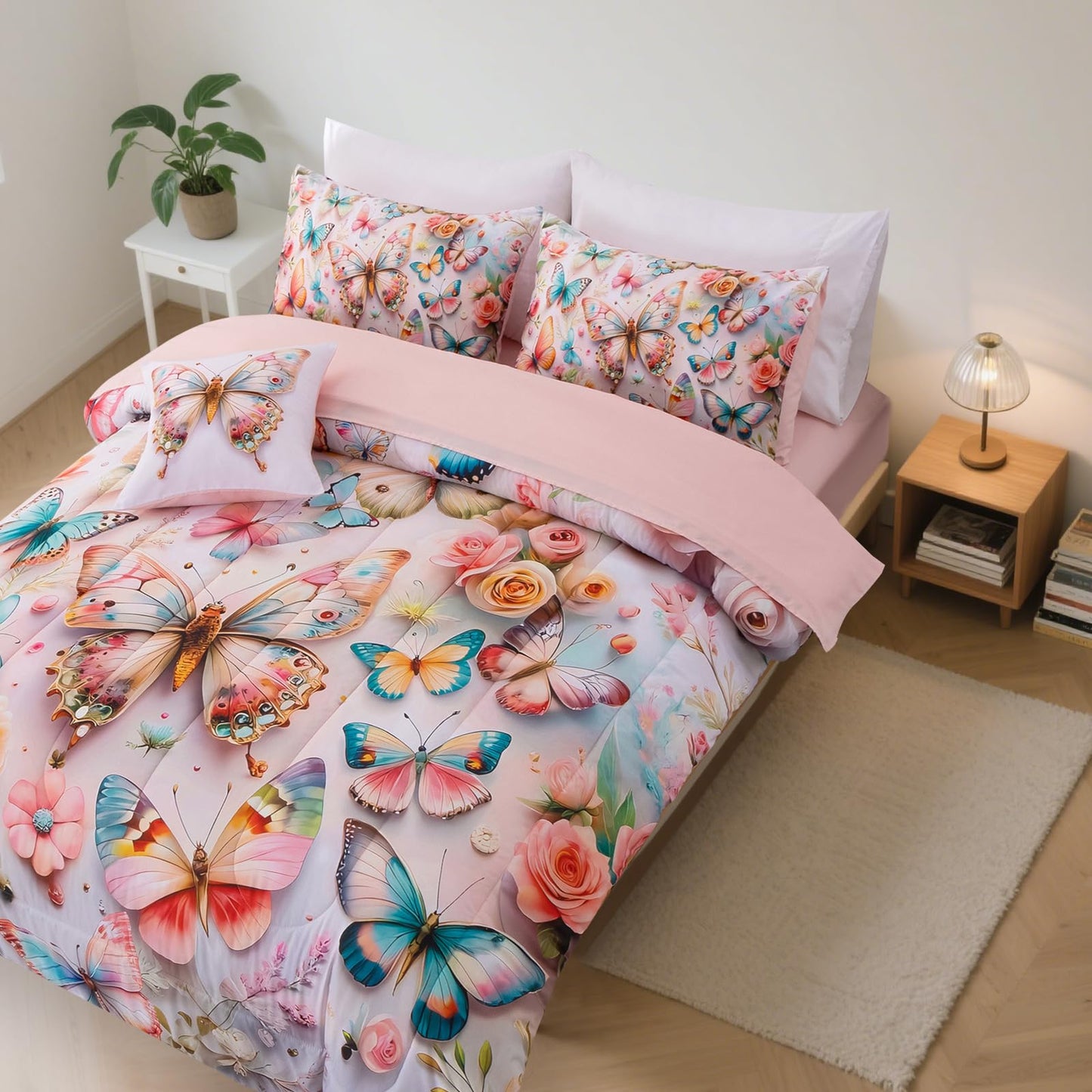 A Nice Night 6pcs Bed in A Bag Pink and Blue Dreamy 3D Various Butterfly Printed, Colorful Butterflies Flying in Flower Design Bedding Full Comforter Set, for Girls Kids Teens