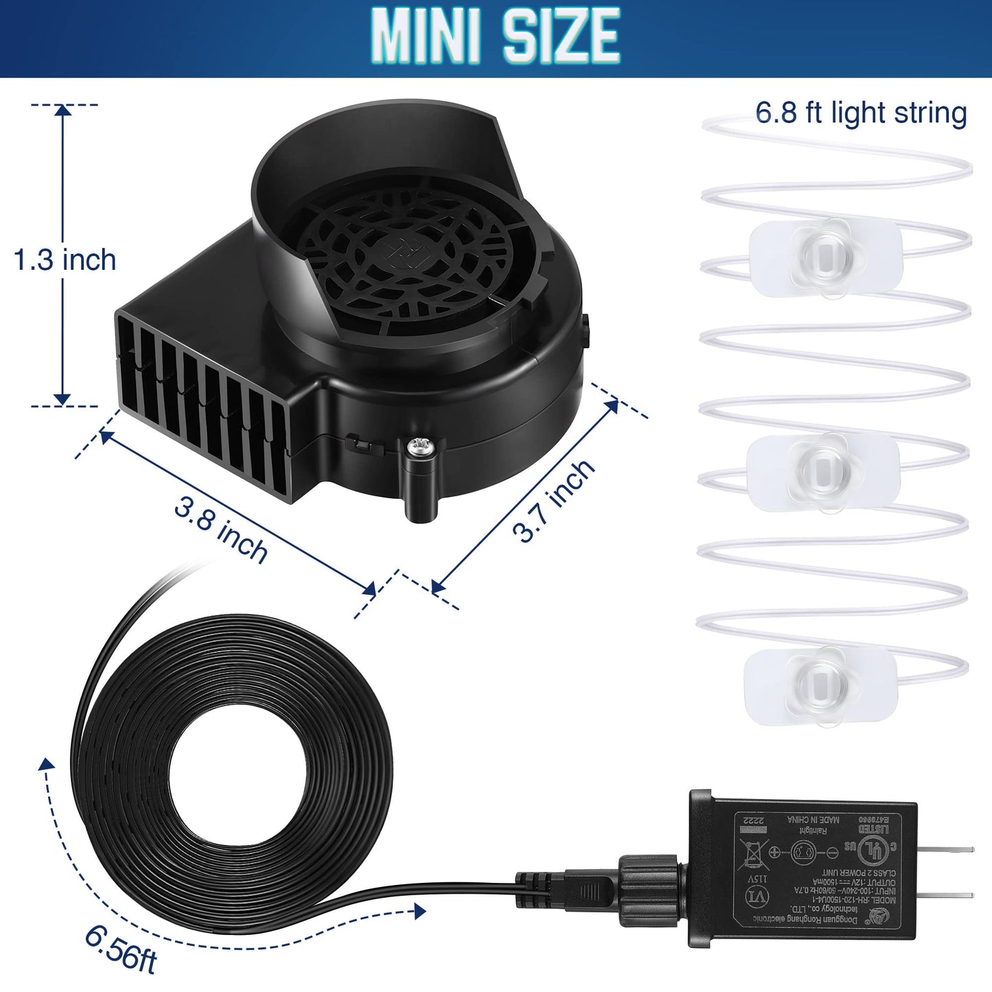 Hiboom 2 Pack Replacement Fan Blower, 12V 1.2A Mini Air Blower with 3 LED Light String for Inflatables Indoor Outdoor, 12V 1.5A Adapter for Halloween Christmas Holiday Inflatables Fan Blow up Motor