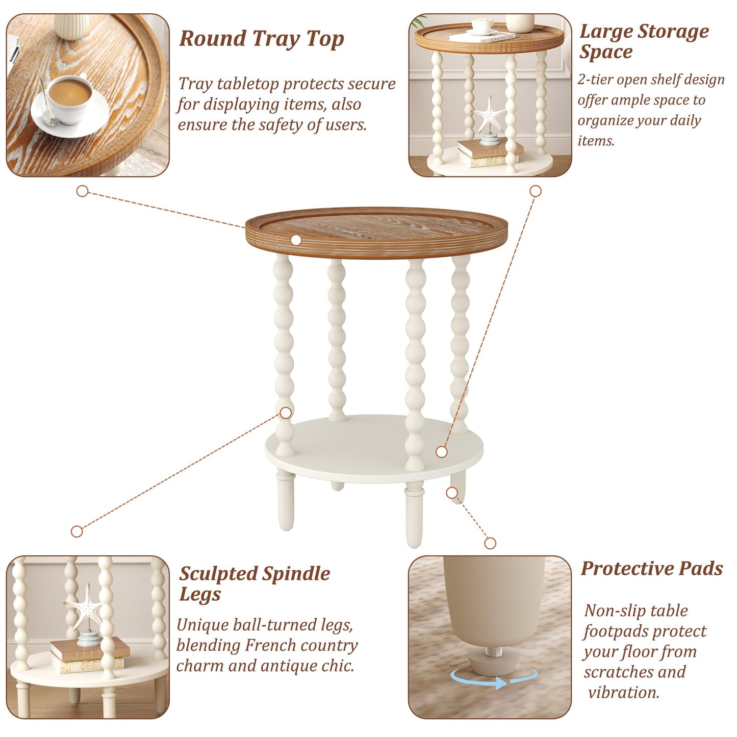 Function Home Round End Table, Farmhouse Side Table with Storage Shelf, 2 Tier Wooden Nightstand, 19.2” Accent Table for Living Room Bedroom Small Space, Natural Tray Top and Vintage White Spindle Leg