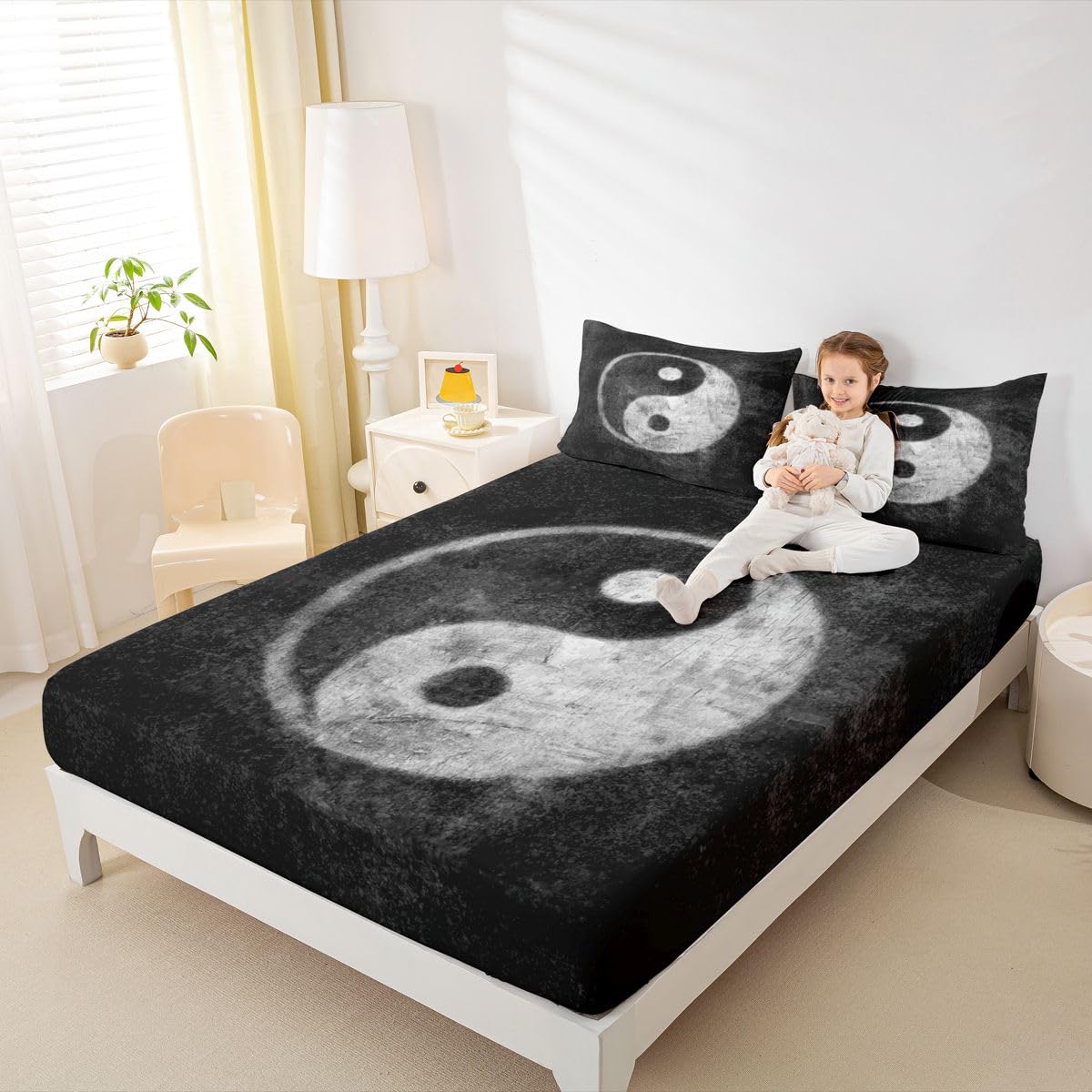 Yin Yang Bedding Set for Girls Boys Children Boho Trippy Psychedelic Art Fitted Sheet Decorative Gossip Pattern Bed Sheet Set Traditional Ying Yang Theme Bed Cover No Flat Sheet Twin Size 2Pcs