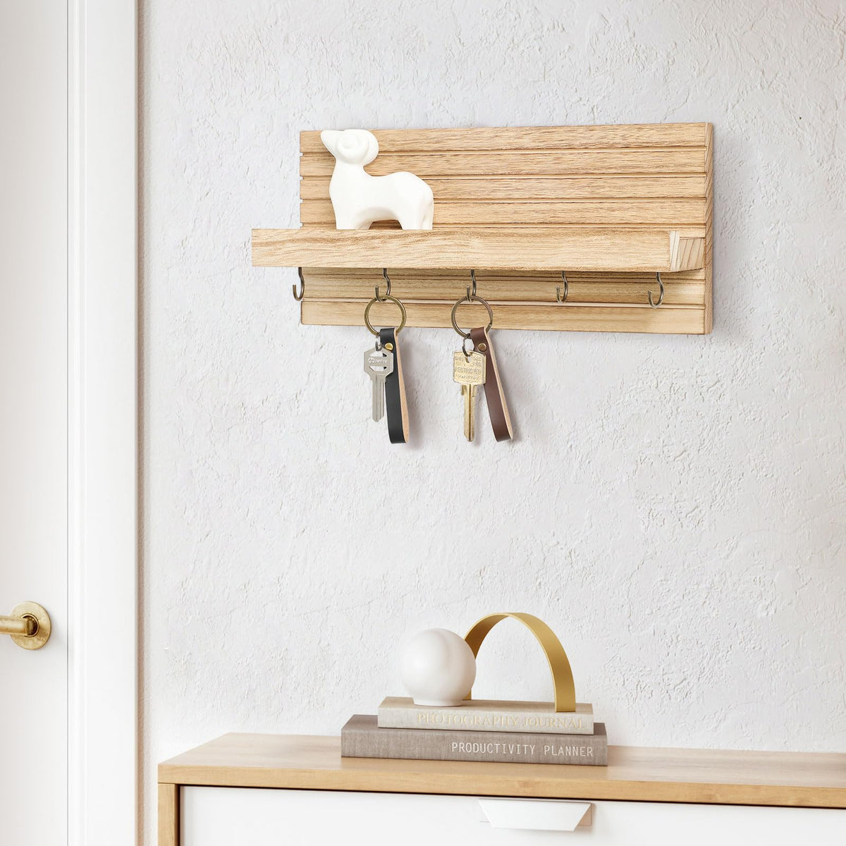 Lwenki Decorative Key Holder for Wall with Shelf, Entryway Shelf with Hooks Holds Leashes, Jackets and Glasses – Sturdy Wood Keyholder Entrance Hanger with Mounting Hardware (Wood, Medium)