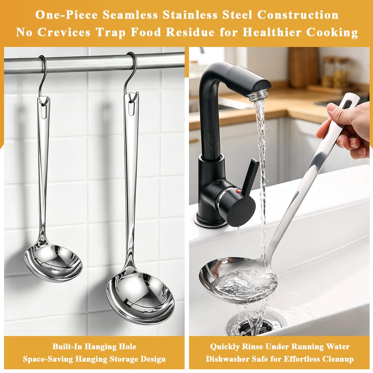 Kyraton 2 Piece Soup Ladle Set, 11.8" Large & 9.6" Small Stainless Steel Ladles, One-Piece Ergonomic Cooking Spoons, Dishwasher Safe Heavy Duty Serving Utensils for Home Kitchen Soup Sauce Noodle