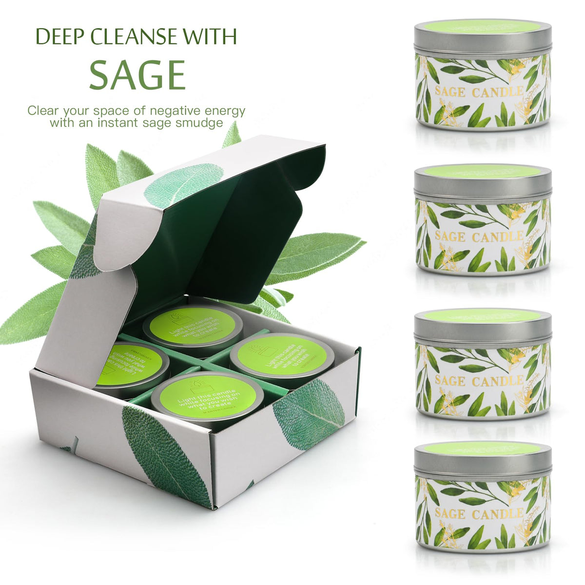 Sage Candle Gift Set, 4 Pack Natural Soy Wax White Sage Smudge Kit with Healing Crystals for House Cleansing Negative Energy, Spiritual Meditation & Aromatherapy, Ideal Mother's Day Housewarming Gifts