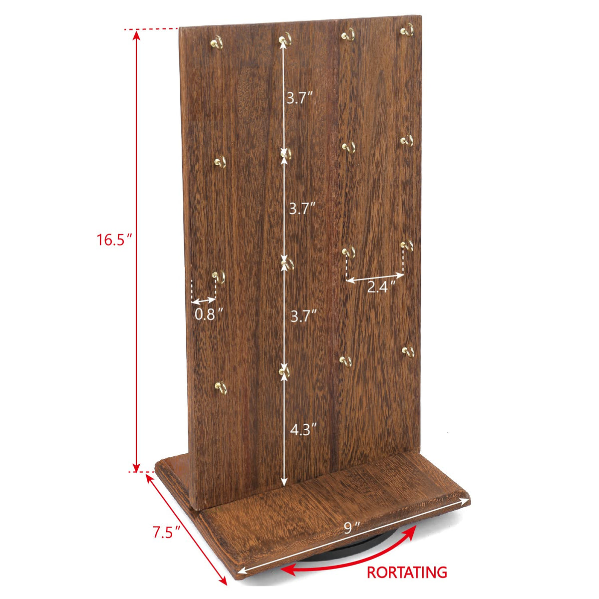 Ikee Design Wooden Rotating Two-Sided Jewelry Display Stand, Rotating Organizer with 32 Hooks for Store, Earring Keychain Display with Hooks, Brown color, 9 W x 7.5 D x 16.5 H in