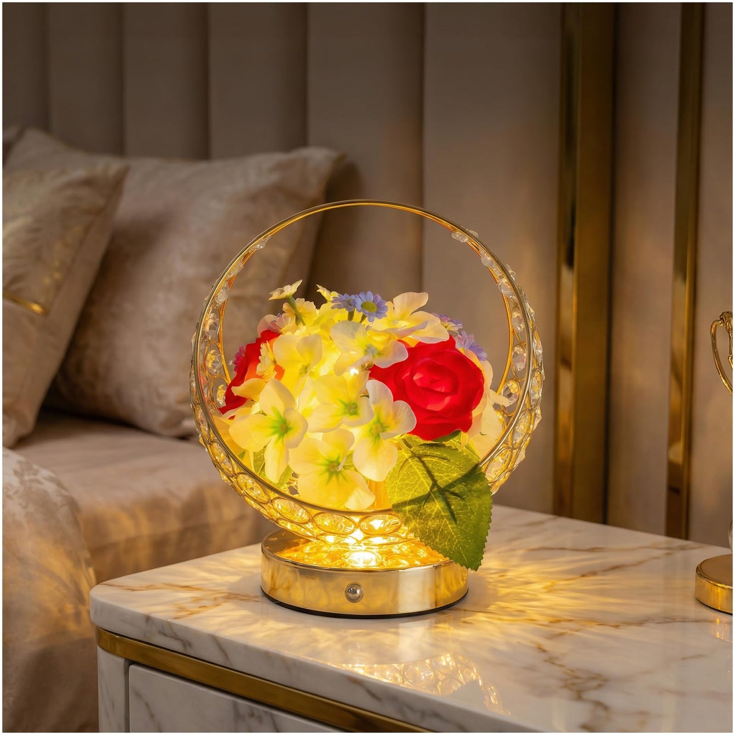 MMHF Rose LED Table Lamp, Modern Gold Crystal Bedside Lamp, Dimmable Touch Control Night Light for Bedroom Living Room Home Office, Romantic Warm Lighting Decorative Lamp