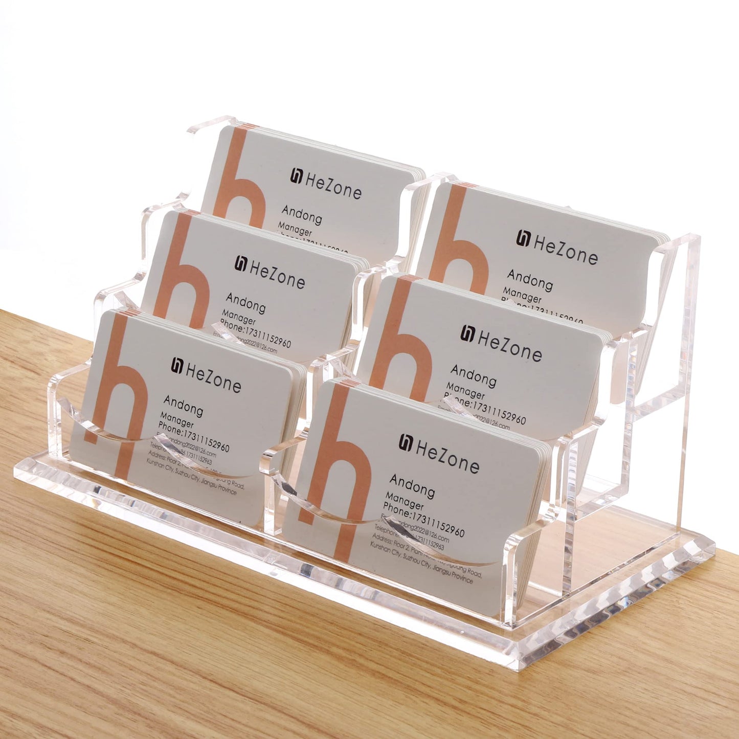 HeZone Business Cards Holder Display for Desk, Clear Acrylic Multiple 3 Tier 6 Slot Business Card Stand, Holds 300 Cards-1 Pack (6 Slots-H)