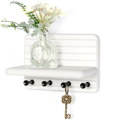 Rebee Vision Small Key Holder Wall Mount for Home Storage – Stylish 7-Inch Key Holder for Wall with 4 Hooks & Mini Floating Shelf - Beautify Your Entryway, Living Room, Bedroom Decor (White)