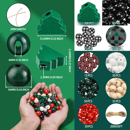 Junkin Christmas Wooden Bead Kit: 201 Pcs - 0.63 Inch Buffalo Plaid & 0.47 Inch Christmas Tree Shaped Beads with 6.6 Feet Natural Cord for DIY Garlands & Jewelry