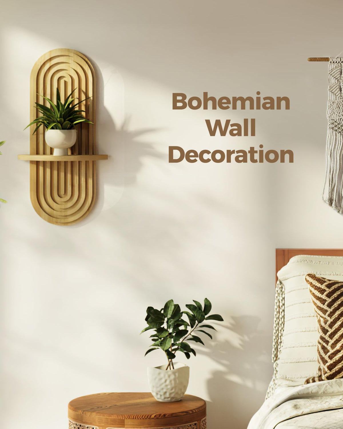 Bamworld Boho Wall Decor Brown Plant Wall Shelf, Mid Century Modern Decor Hanging Plant Shelf, 1-Tier Floating Shelves for Home, Bathroom Bedroom Living Room Natural