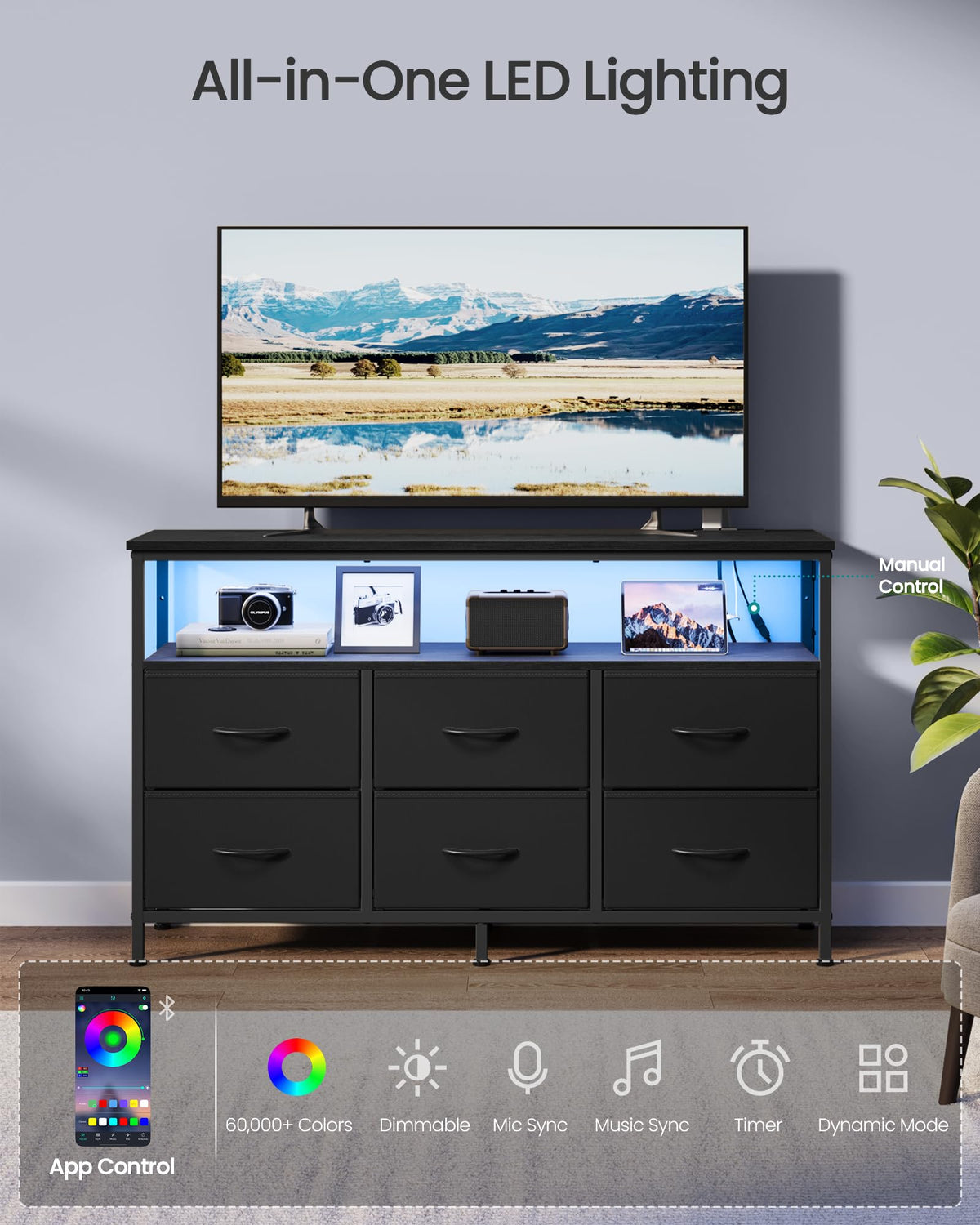 SONGMICS BELLAH Collection - Dresser for Bedroom, Chest of Drawers, TV Stand for TVs Up to 55 Inches, Living Room, Closet, 6 Drawers and 1 Shelf, Modern, Ink Black ULGS833BH02S
