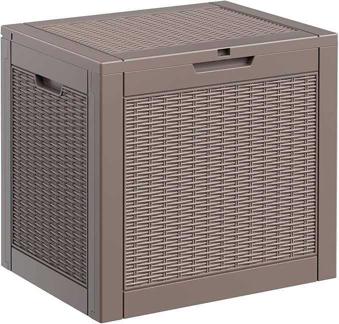 ROJIK Outdoor Storage Housing Deck Box - Waterproof Patio Furniture, Garden Tools, Cushions, Pool Accessories Storage Bench with Lockable Lid and Side Handles (Grey Rattan, 30 Gal)