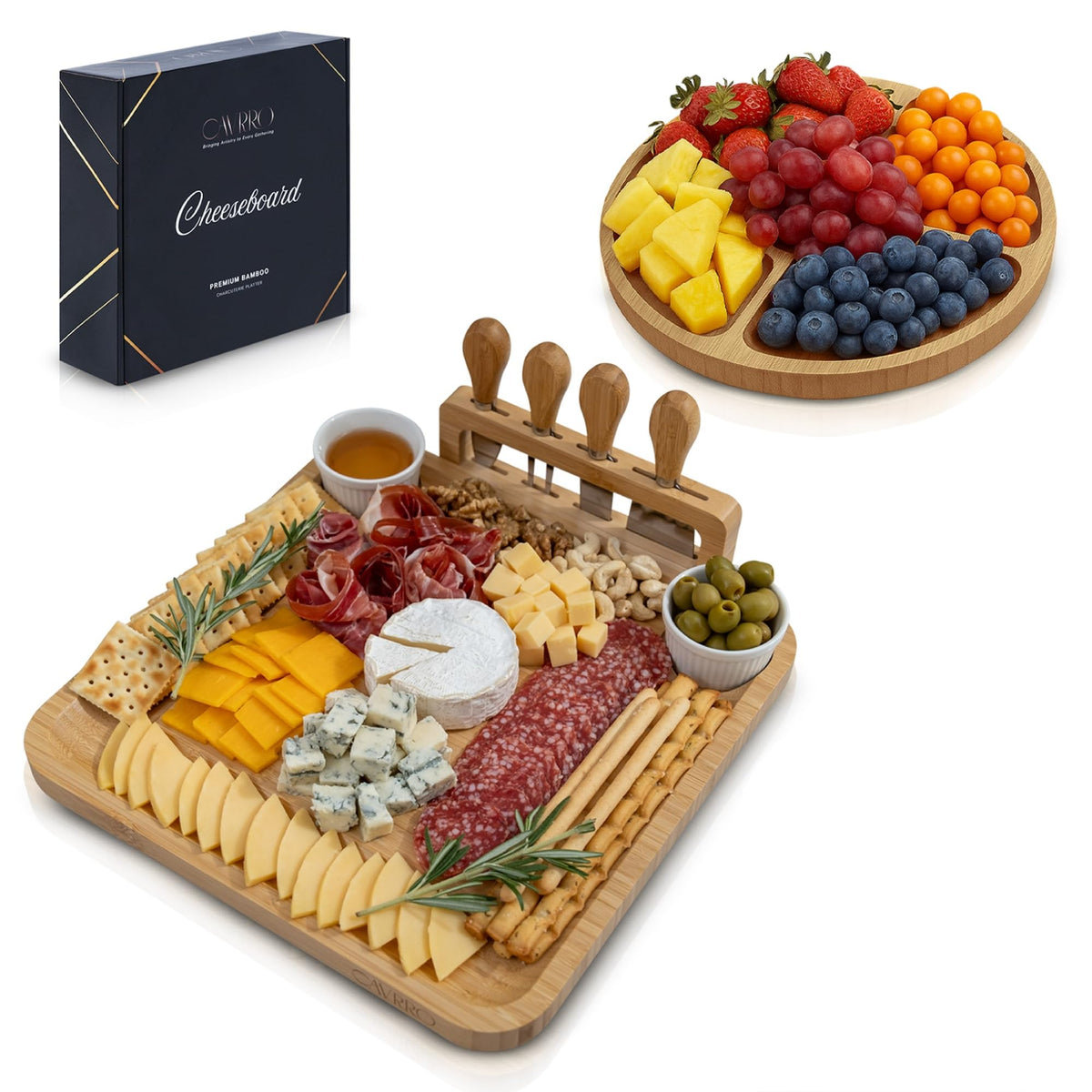 Charcuterie Board Set Bamboo with Cheese Knives and Bowls, Large Wooden Serving Platter for Entertaining, Housewarming and Wedding Gift by Cavrro